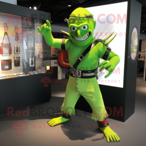 Lime Green Knife Thrower mascot costume character dressed with a T-Shirt and Bracelet watches