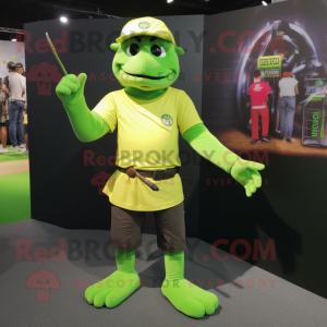 Lime Green Knife Thrower mascot costume character dressed with a T-Shirt and Bracelet watches