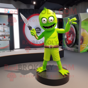 Lime Green Knife Thrower mascot costume character dressed with a T-Shirt and Bracelet watches