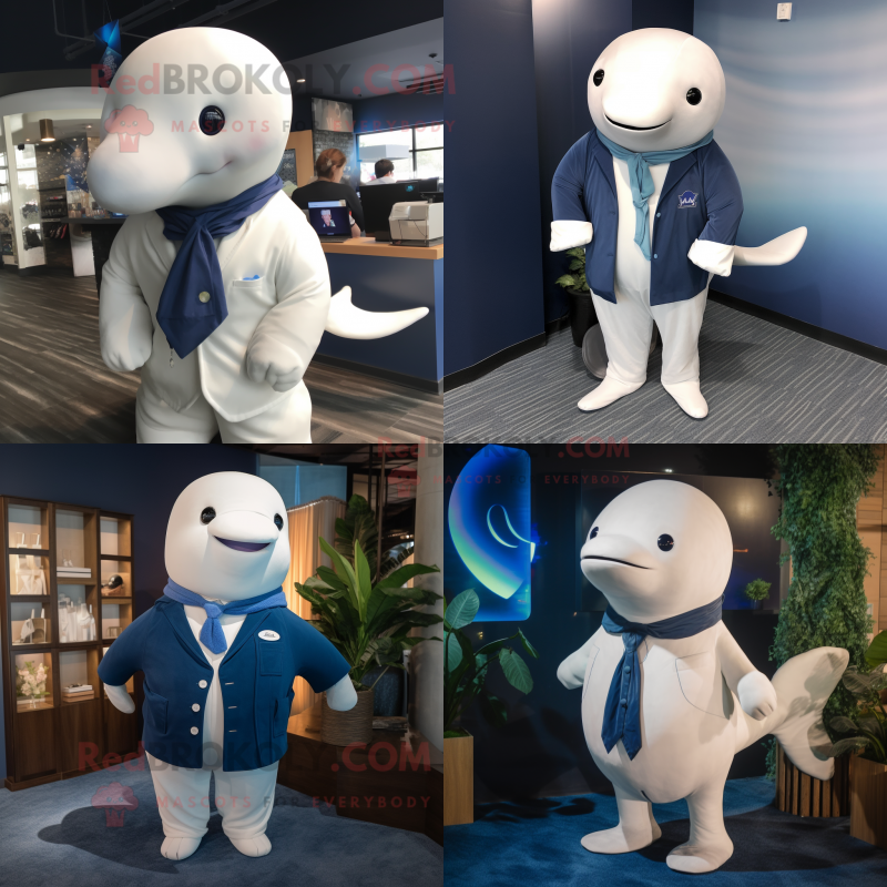Navy Beluga Whale mascot costume character dressed with a Cardigan and Tie pins Navy Beluga Whale mascot costume character dressed with a Cardigan and Tie pins