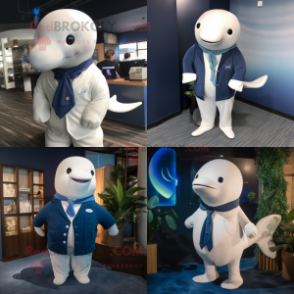 Navy Beluga Whale mascot costume character dressed with a Cardigan and Tie pins