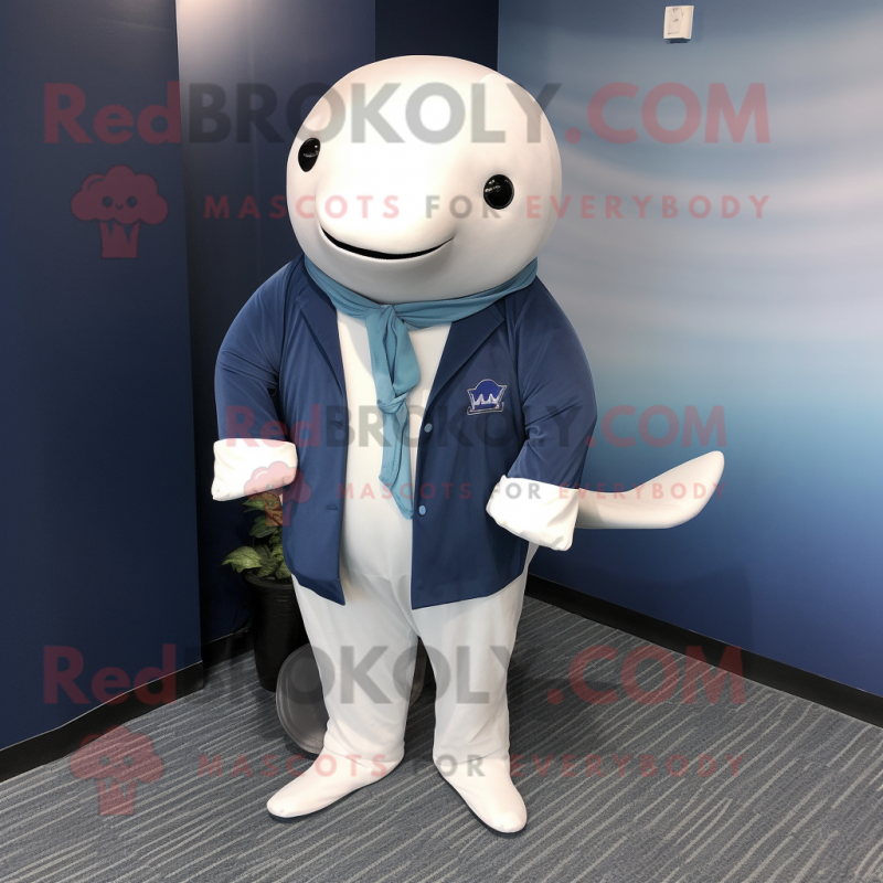 Navy Beluga Whale mascot costume character dressed with a Cardigan and Tie pins