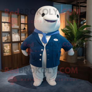 Navy Beluga Whale mascot costume character dressed with a Cardigan and Tie pins