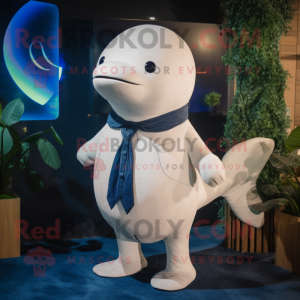 Navy Beluga Whale mascot costume character dressed with a Cardigan and Tie pins