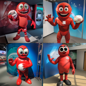 Red Rugby Ball mascot costume character dressed with a One-Piece Swimsuit and Gloves