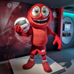 Red Rugby Ball mascot costume character dressed with a One-Piece Swimsuit and Gloves