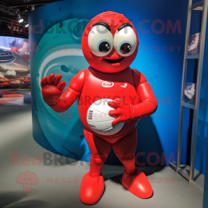 Red Rugby Ball mascot costume character dressed with a One-Piece Swimsuit and Gloves