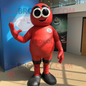 Red Rugby Ball mascot costume character dressed with a One-Piece Swimsuit and Gloves