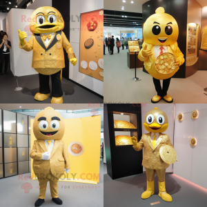 Gold Fried Rice mascot costume character dressed with a Suit and Coin purses