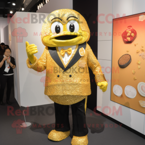 Gold Fried Rice mascot costume character dressed with a Suit and Coin purses