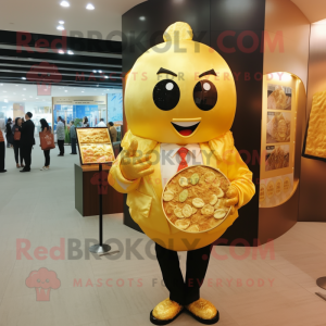 Gold Fried Rice mascot costume character dressed with a Suit and Coin purses