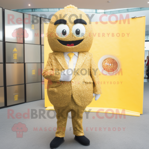 Gold Fried Rice mascot costume character dressed with a Suit and Coin purses