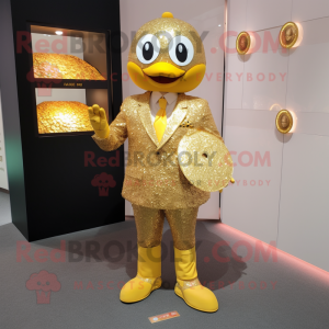 Gold Fried Rice mascot costume character dressed with a Suit and Coin purses