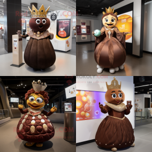 Brown Queen mascot costume character dressed with a Ball Gown and Coin purses