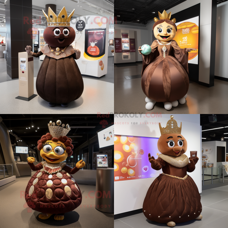 Brown Queen mascot costume character dressed with a Ball Gown and Coin purses Brown Queen mascot costume character dressed with a Ball Gown and Coin purses