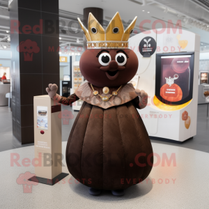 Brown Queen mascot costume character dressed with a Ball Gown and Coin purses