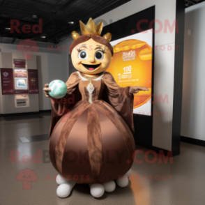 Brown Queen mascot costume character dressed with a Ball Gown and Coin purses