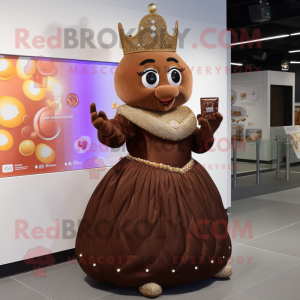 Brown Queen mascot costume character dressed with a Ball Gown and Coin purses