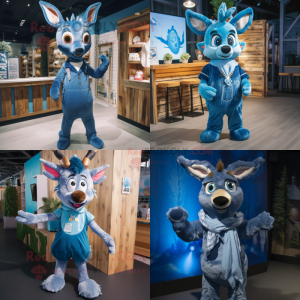 Blue Deer mascot costume character dressed with a Dungarees and Shawl pins