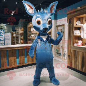 Blue Deer mascot costume character dressed with a Dungarees and Shawl pins