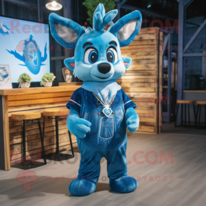 Blue Deer mascot costume character dressed with a Dungarees and Shawl pins