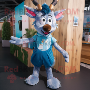 Blue Deer mascot costume character dressed with a Dungarees and Shawl pins