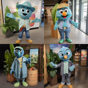 Teal Mango mascot costume character dressed with a Chambray Shirt and Wraps