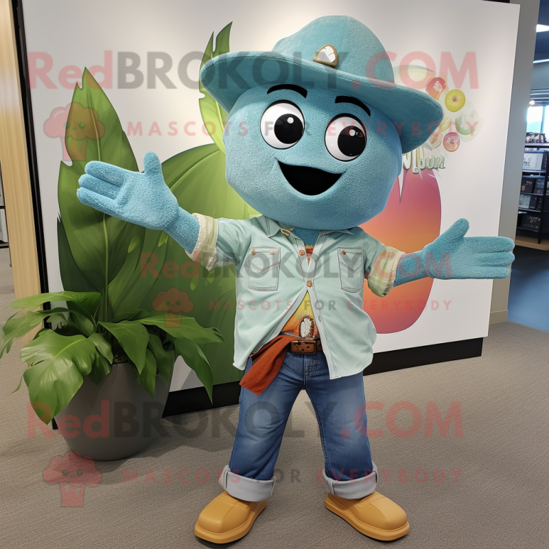 Teal Mango mascot costume character dressed with a Chambray Shirt and Wraps Teal Mango mascot costume character dressed with a Chambray Shirt and Wraps