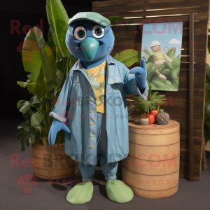 Teal Mango mascot costume character dressed with a Chambray Shirt and Wraps