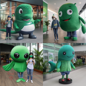 Forest Green Whale mascot costume character dressed with a Skinny Jeans and Digital watches