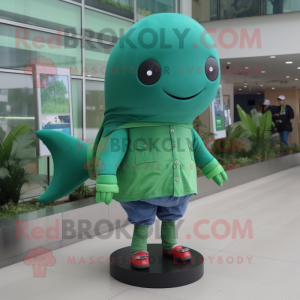 Forest Green Whale mascot costume character dressed with a Skinny Jeans and Digital watches