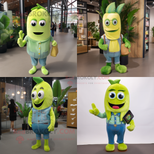 Lime Green Banana mascot costume character dressed with a Denim Shirt and Clutch bags