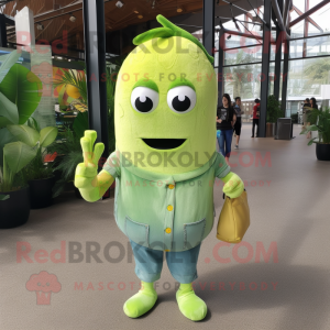 Lime Green Banana mascot costume character dressed with a Denim Shirt and Clutch bags