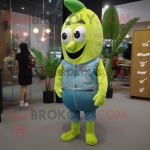 Lime Green Banana mascot costume character dressed with a Denim Shirt and Clutch bags