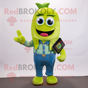 Lime Green Banana mascot costume character dressed with a Denim Shirt and Clutch bags