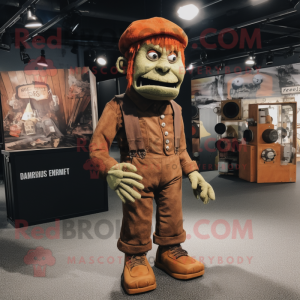 Rust Frankenstein mascot costume character dressed with a Corduroy Pants and Beanies