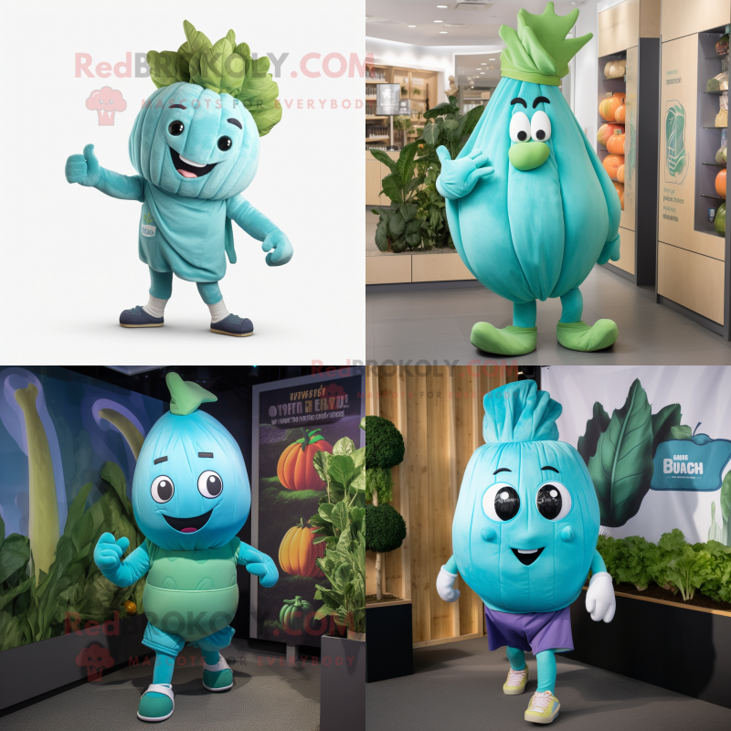 Turquoise Turnip mascot costume character dressed with a Joggers and Wraps