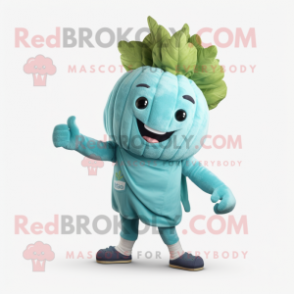 Turquoise Turnip mascot costume character dressed with a Joggers and Wraps