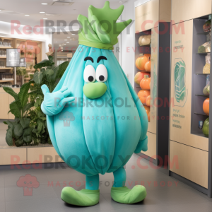 Turquoise Turnip mascot costume character dressed with a Joggers and Wraps