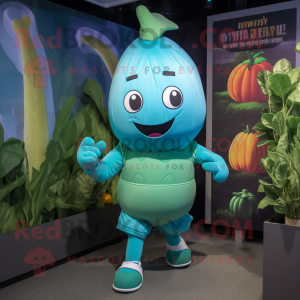 Turquoise Turnip mascot costume character dressed with a Joggers and Wraps