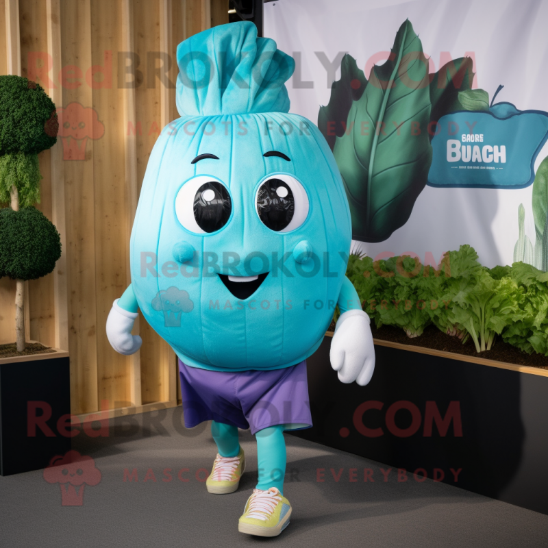 Turquoise Turnip mascot costume character dressed with a Joggers and Wraps