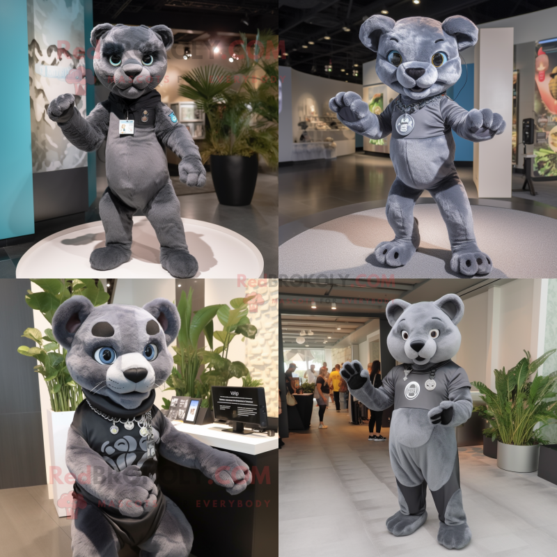 Gray Panther mascot costume character dressed with a Romper and Keychains Gray Panther mascot costume character dressed with a Romper and Keychains