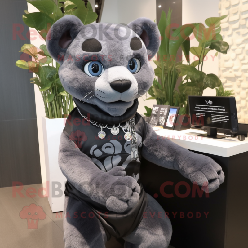 Gray Panther mascot costume character dressed with a Romper and Keychains Gray Panther mascot costume character dressed with a Romper and Keychains