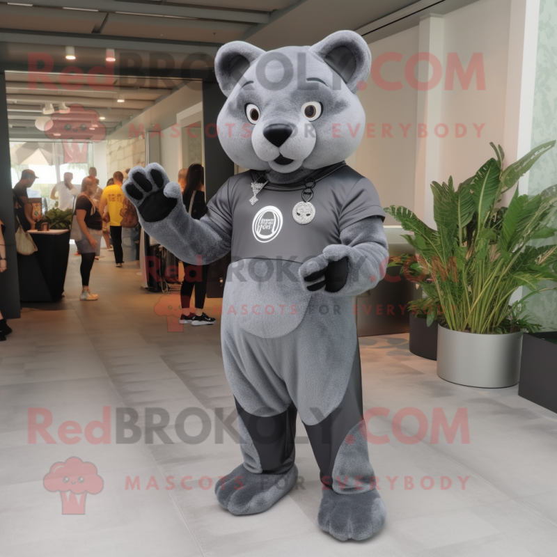 Gray Panther mascot costume character dressed with a Romper and Keychains Gray Panther mascot costume character dressed with a Romper and Keychains