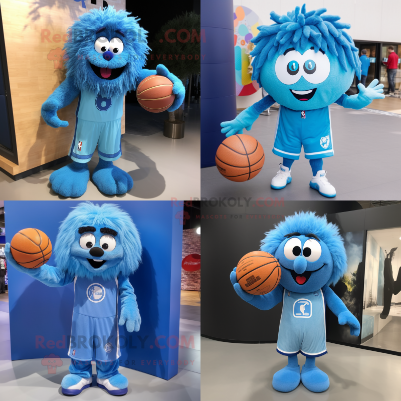 Blue Basketball Ball mascot costume character dressed with a Cardigan and Hair clips