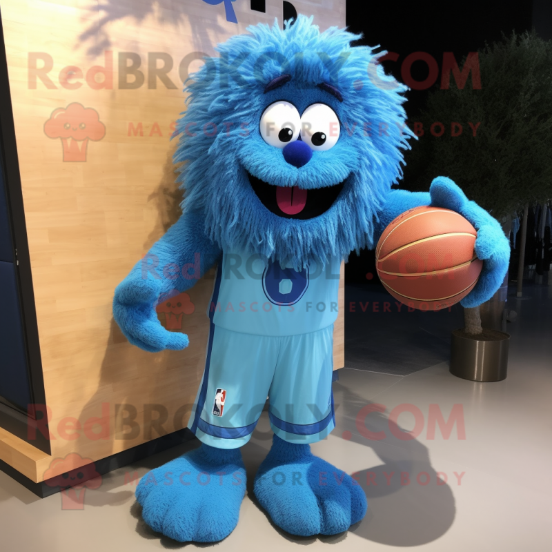 Blue Basketball Ball mascot costume character dressed with a Cardigan and Hair clips