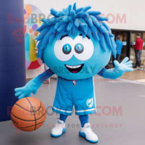 Blue Basketball Ball mascot costume character dressed with a Cardigan and Hair clips