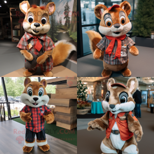 Rust Flying Squirrel mascot costume character dressed with a Flannel Shirt and Bow ties