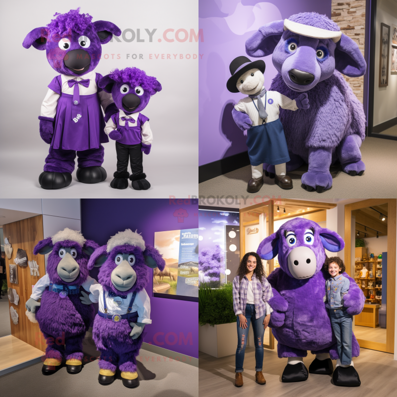 Purple Suffolk Sheep mascot costume character dressed with a Mom Jeans and Bow ties Purple Suffolk Sheep mascot costume character dressed with a Mom Jeans and Bow ties