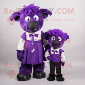 Purple Suffolk Sheep mascot costume character dressed with a Mom Jeans and Bow ties